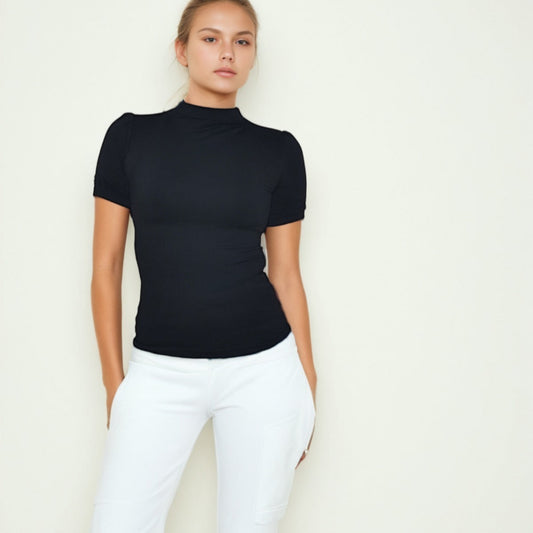 Short-Sleeve Ruched High-Neck Blouse in Smooth Fabric